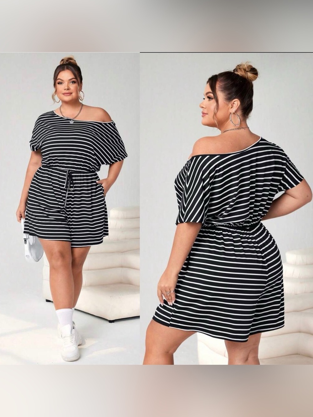 SHEINCurve+ Black and White Striped Off-Shoulder Tie-Waist Dress